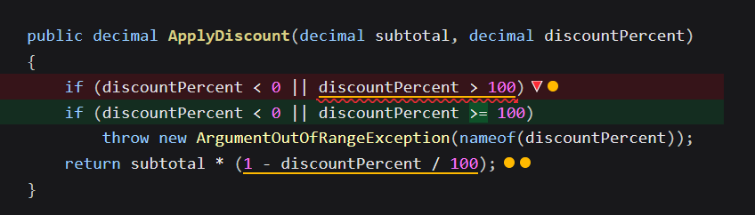 As you can see, the greater-than sign was replaced by the greater-than-or-equal-to sign, and this fault wasn’t detected.